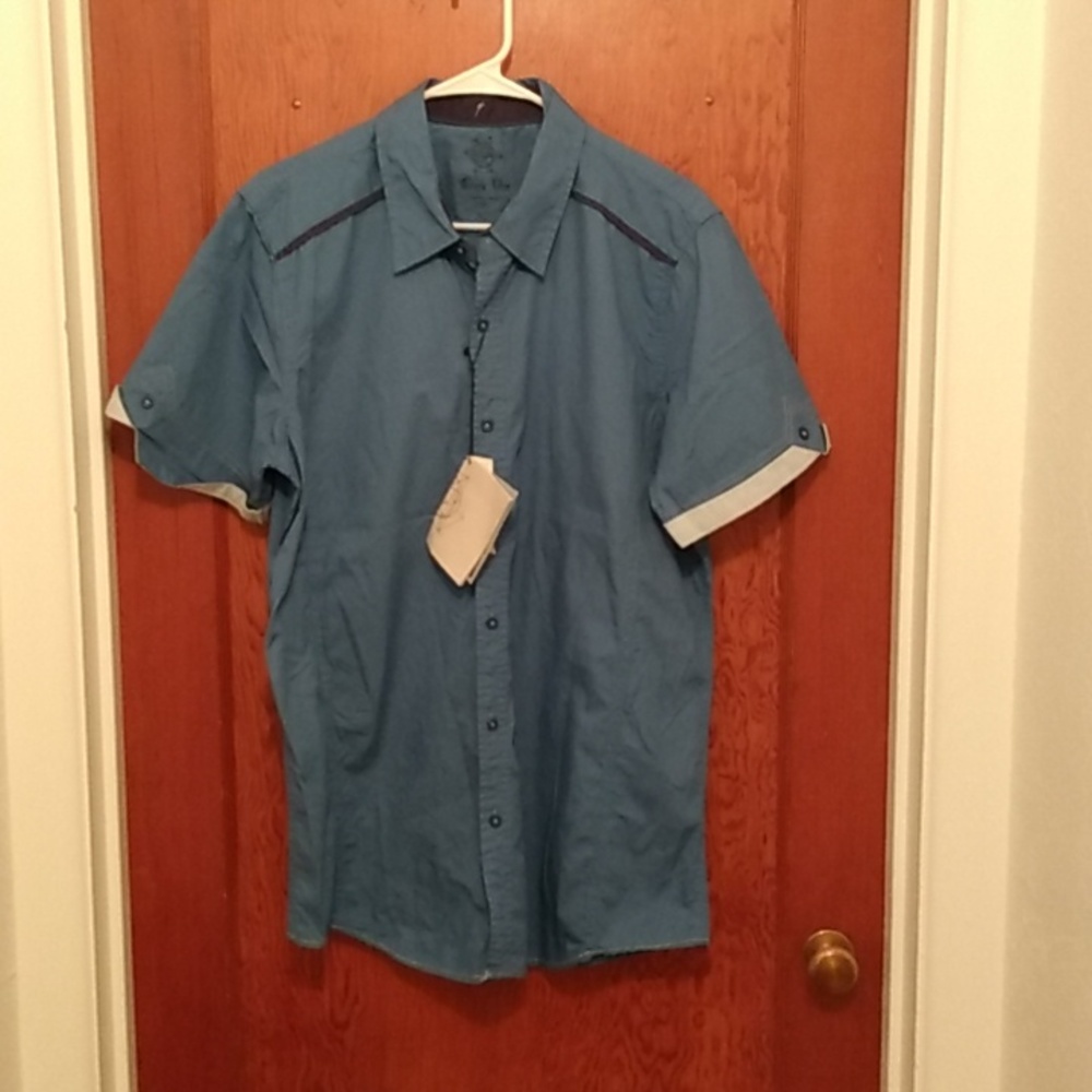 NWT Circle One Blue with Blue Detail Men's Short Sleeve Button Down Shirt SZ XXL